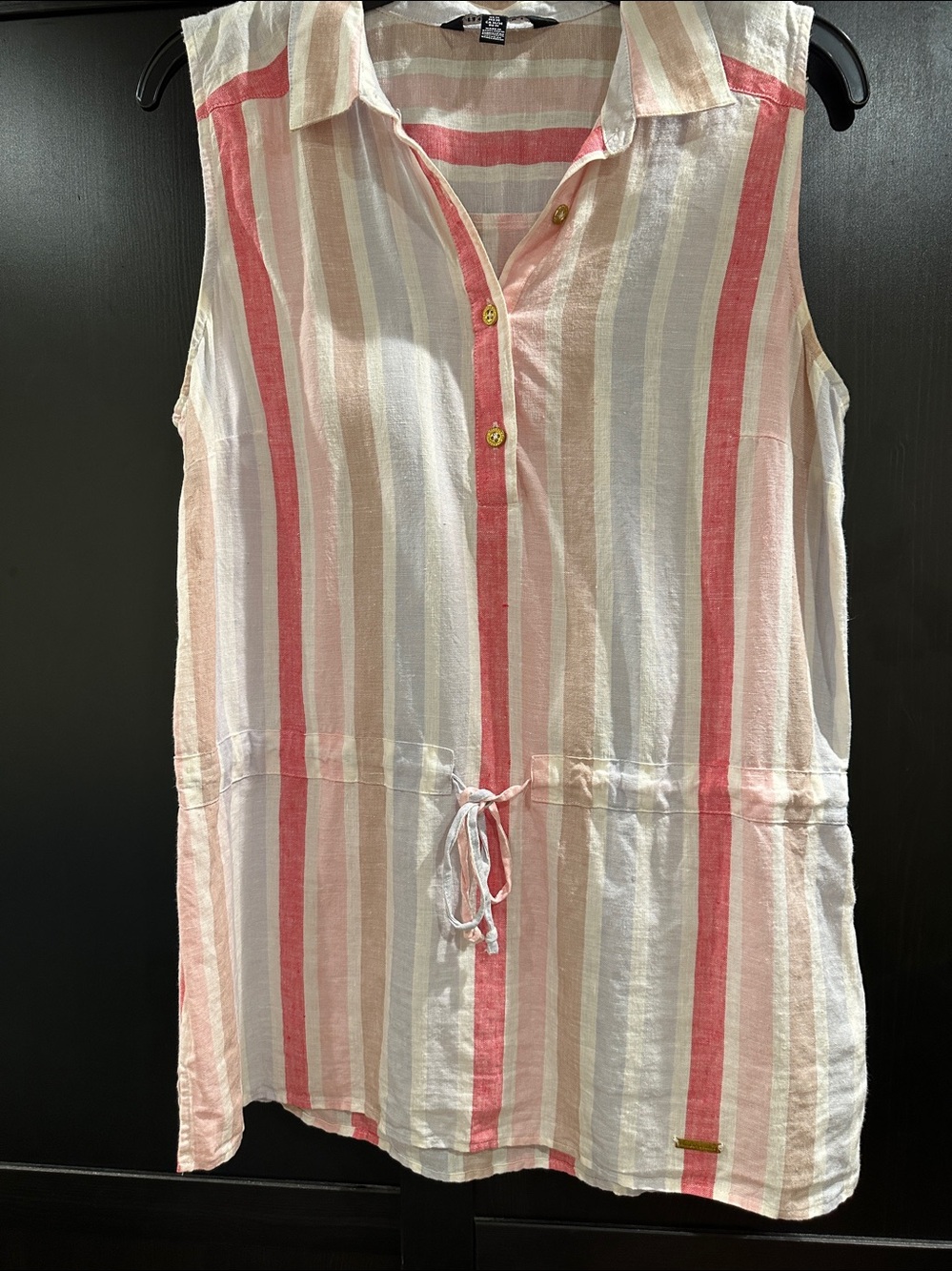 Ellen Tracy 100% Linen Sleeveless Collared Tunic in White, Pink, Beige
